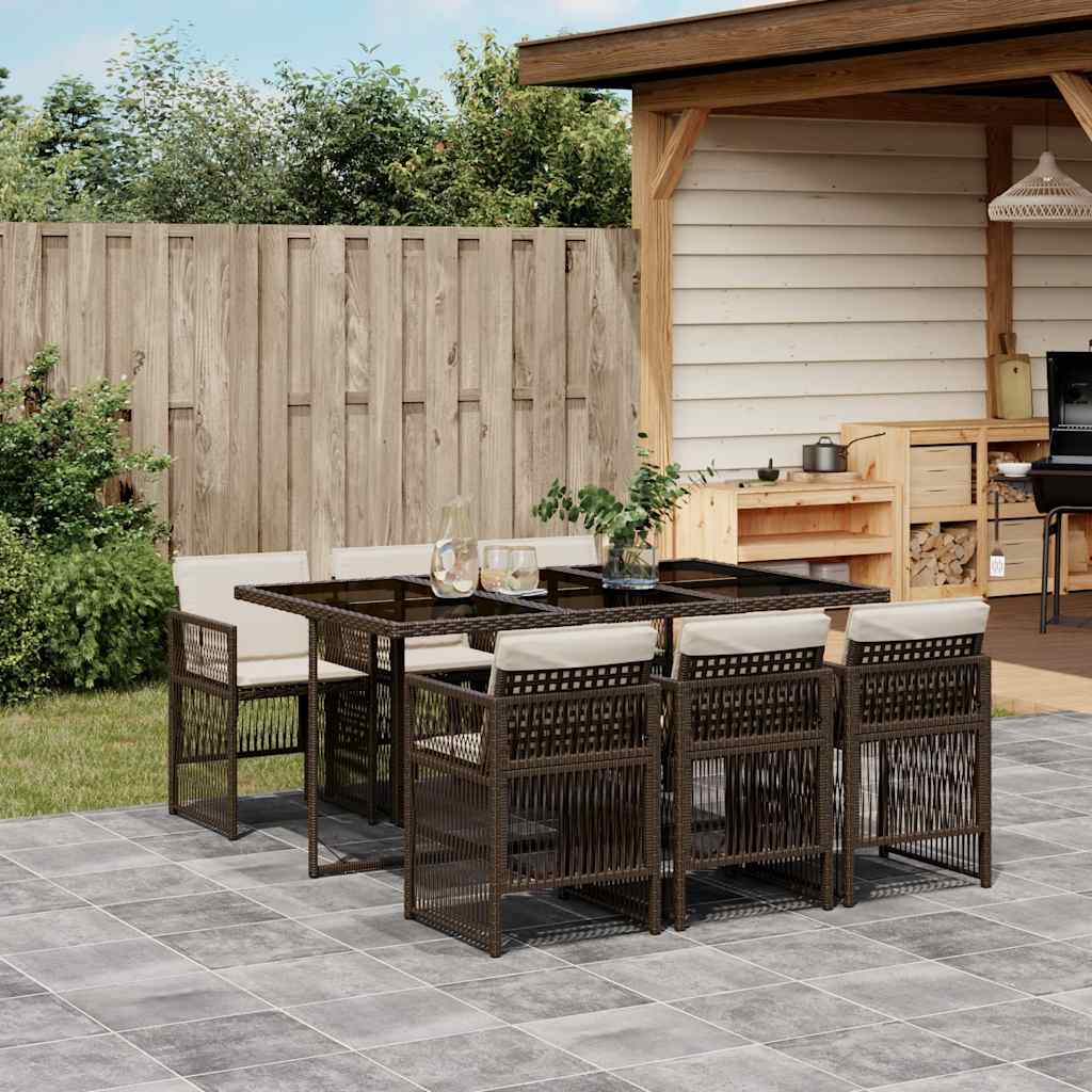 JUNG Vida 7-tlg. Garten-Essgruppe mit Kissen Braun Poly Rattan