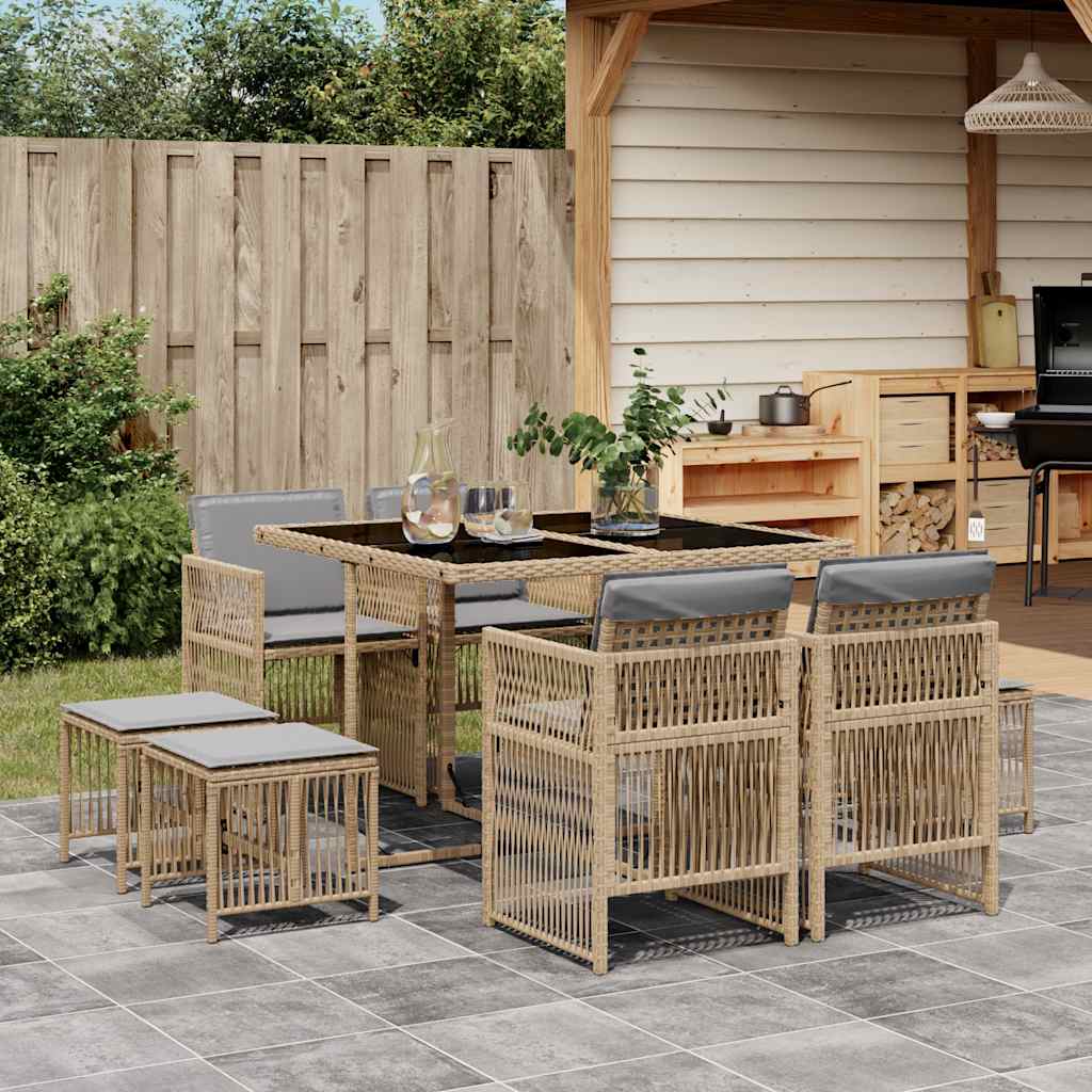 JUNG Vida 9-tlg. Garten-Essgruppe mit Kissen Beigemischung Poly Rattan
