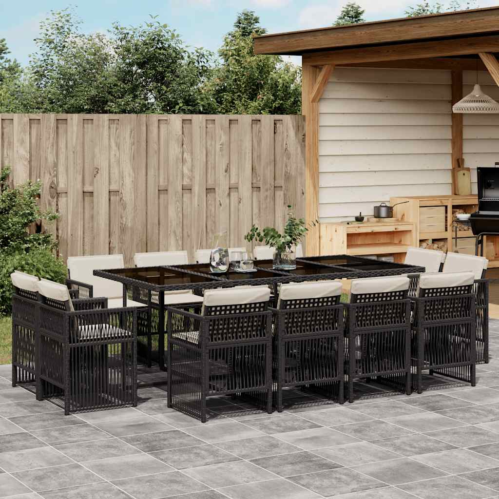 JUNG Vida 13-tlg. Garten-Essgruppe mit Kissen Schwarz Poly Rattan