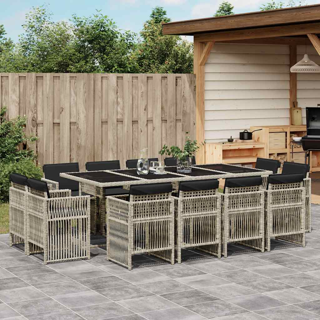 JUNG Vida 13-tlg. Garten-Essgruppe mit Kissen Hellgrau Poly Rattan
