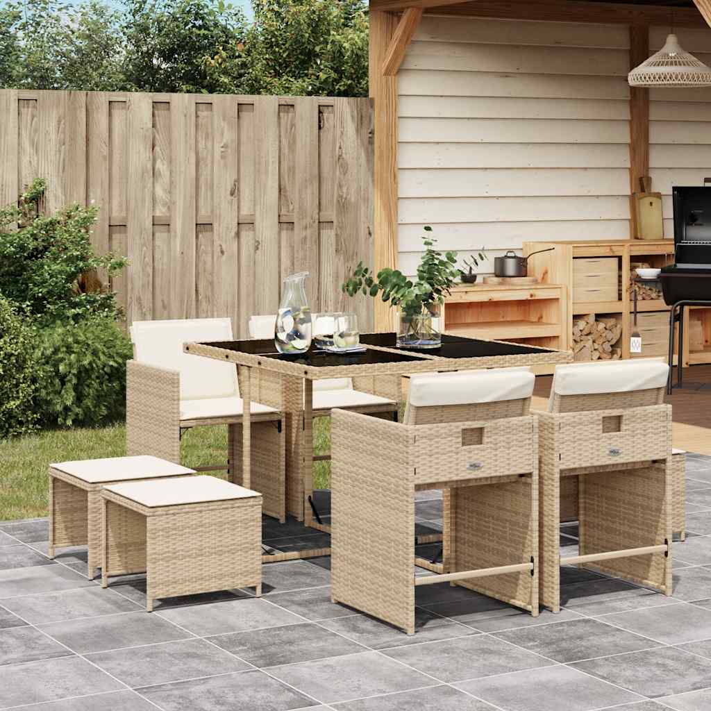 JUNG Vida 9-tlg. Garten-Essgruppe mit Kissen Beige Poly Rattan
