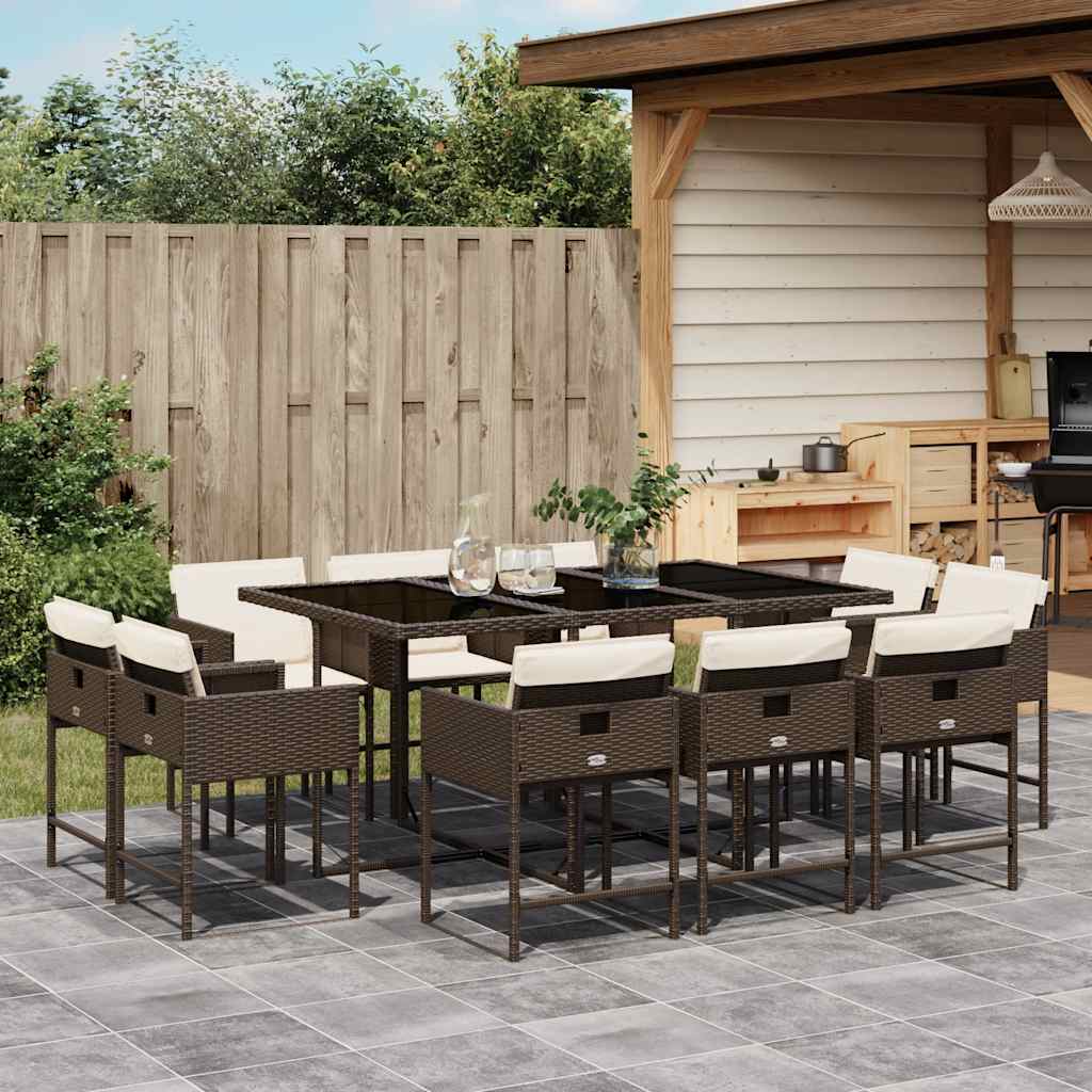 JUNG Vida 11-tlg. Garten-Essgruppe mit Kissen Braun Poly Rattan