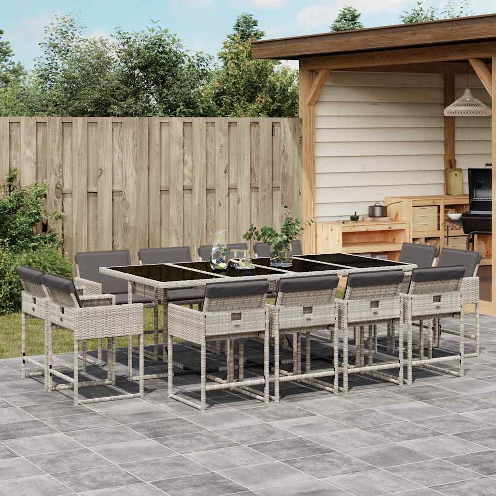 JUNG Vida 13-tlg. Garten-Essgruppe mit Kissen Hellgrau Poly Rattan