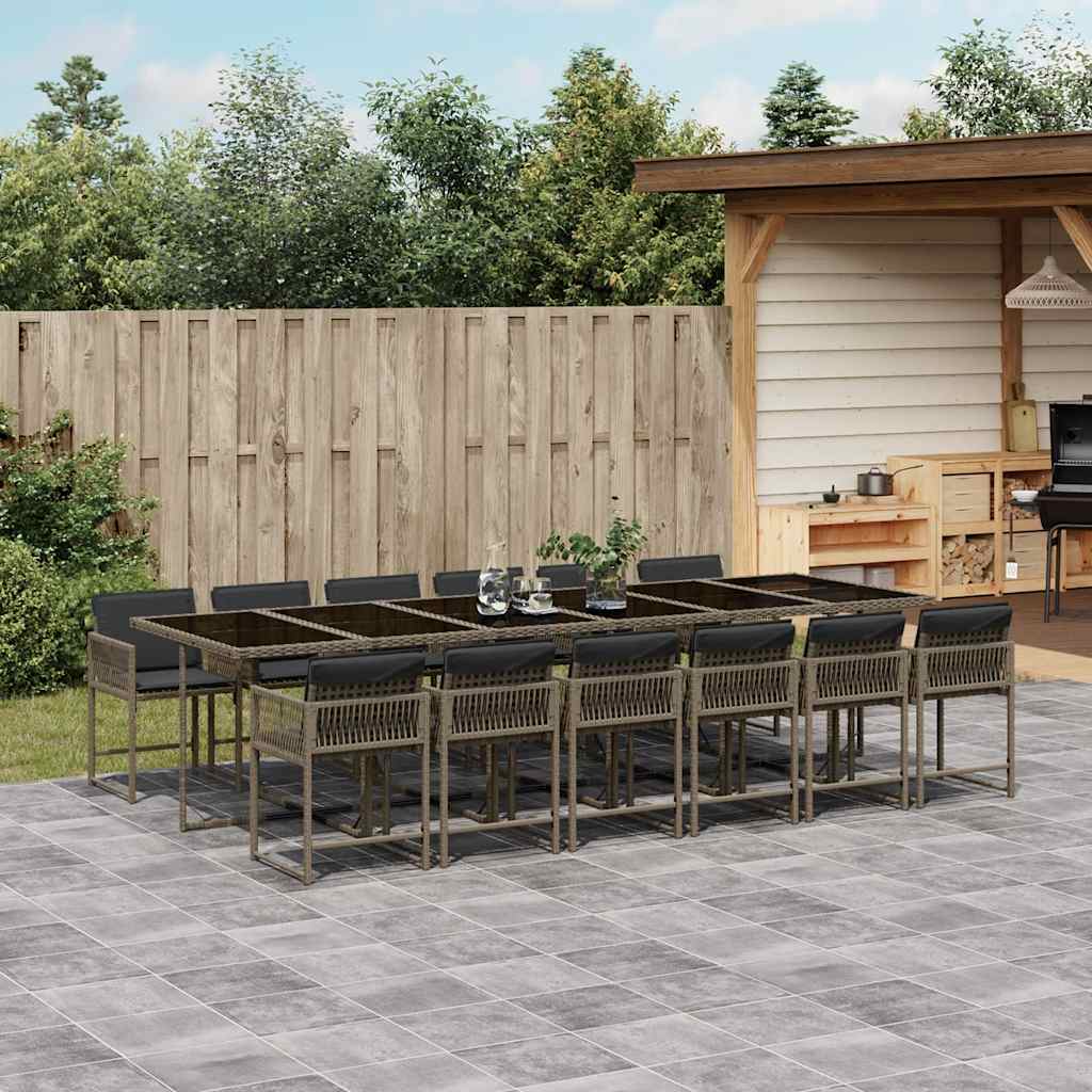 JUNG Vida 13-tlg. Garten-Essgruppe mit Kissen Grau Poly Rattan