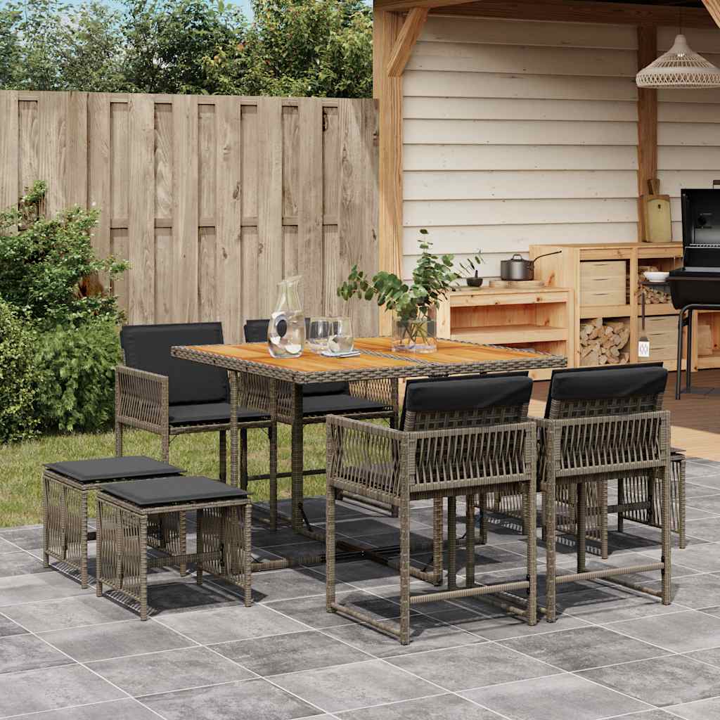 JUNG Vida 9-tlg. Garten-Essgruppe mit Kissen Grau Poly Rattan