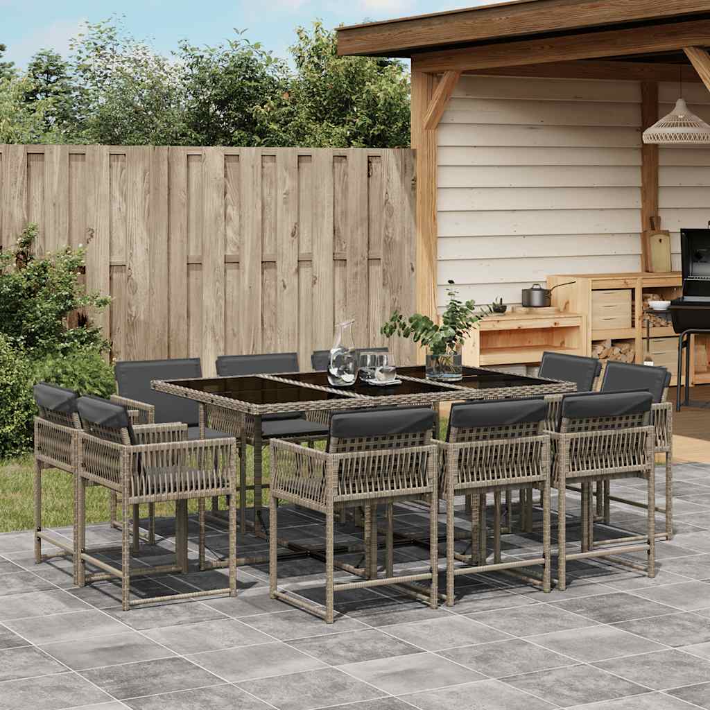 JUNG Vida 11-tlg. Garten-Essgruppe mit Kissen Grau Poly Rattan