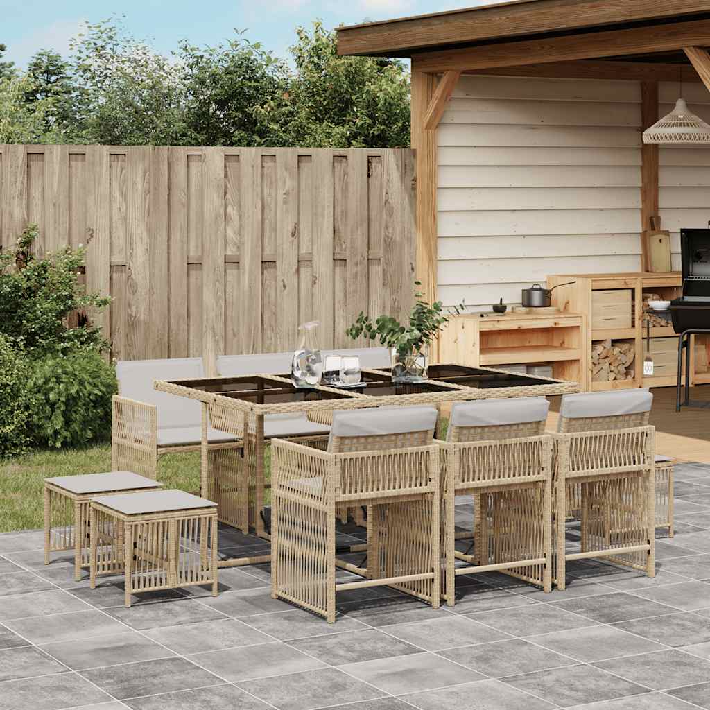 JUNG Vida 11-tlg. Garten-Essgruppe mit Kissen Beige Poly Rattan