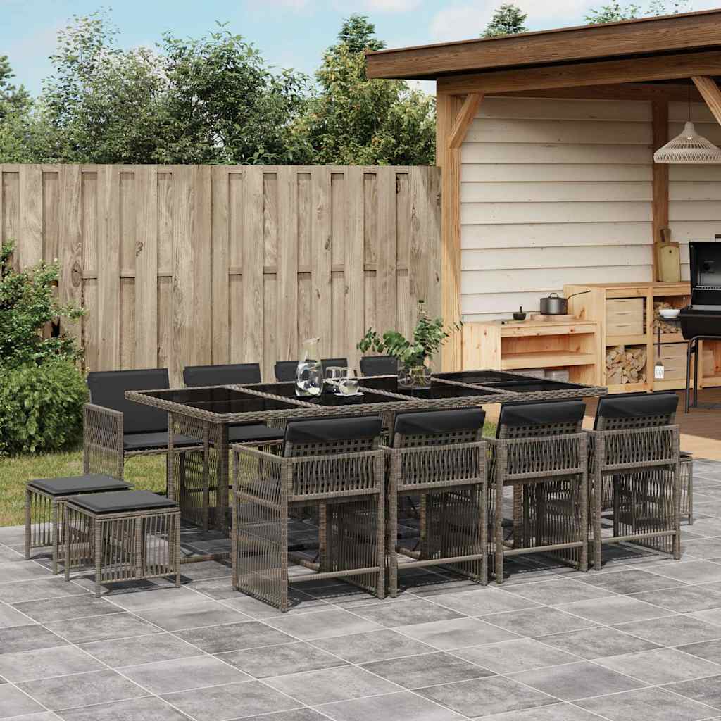 JUNG Vida 13-tlg. Garten-Essgruppe mit Kissen Grau Poly Rattan