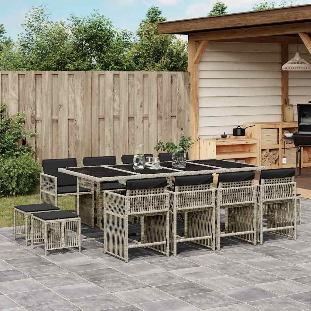 JUNG Vida 13-tlg. Garten-Essgruppe mit Kissen Hellgrau Poly Rattan
