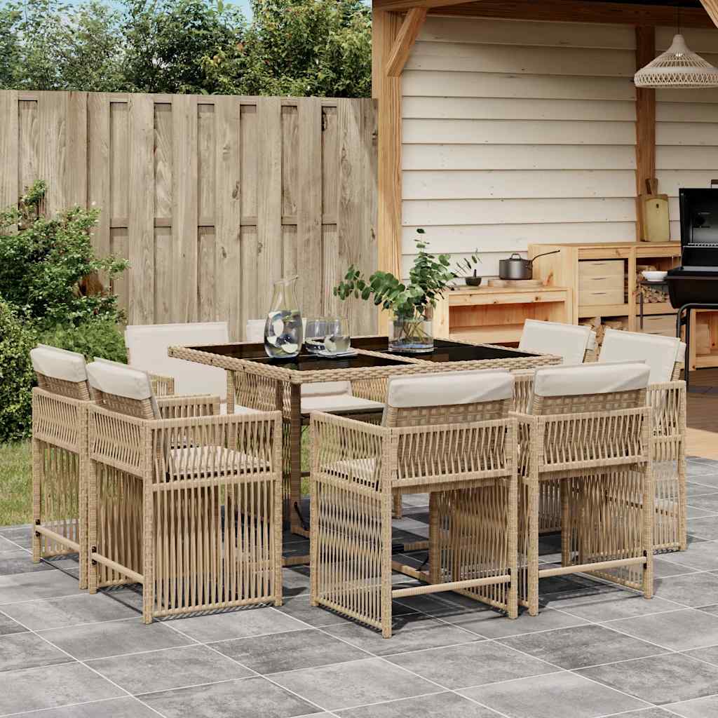 JUNG Vida 9-tlg. Garten-Essgruppe mit Kissen Beige Poly Rattan