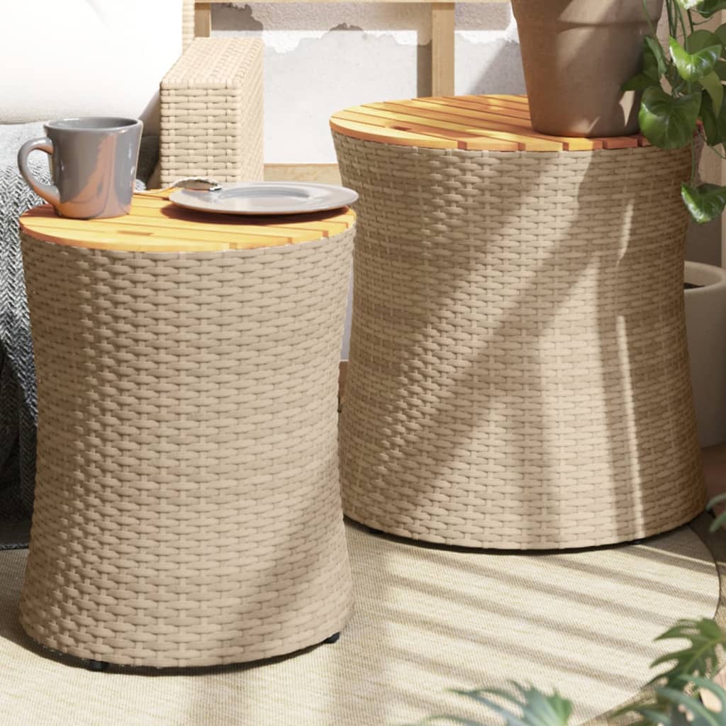 JUNG Vida Garten-Beistelltische 2 Stk. mit Holzplatte Beige Poly Rattan