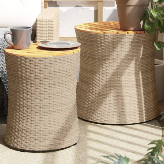 JUNG Vida Garten-Beistelltische 2 Stk. mit Holzplatte Beige Poly Rattan