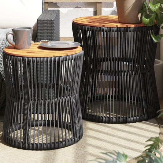 JUNG Vida Garten-Beistelltische 2 Stk. mit Holzplatte Schwarz Poly Rattan