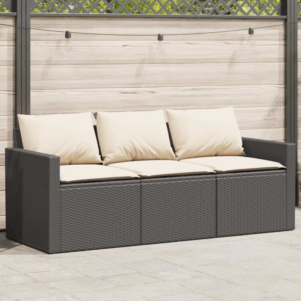 JUNG Vida Gartensofa mit Kissen 3-Sitzer Schwarz Poly Rattan