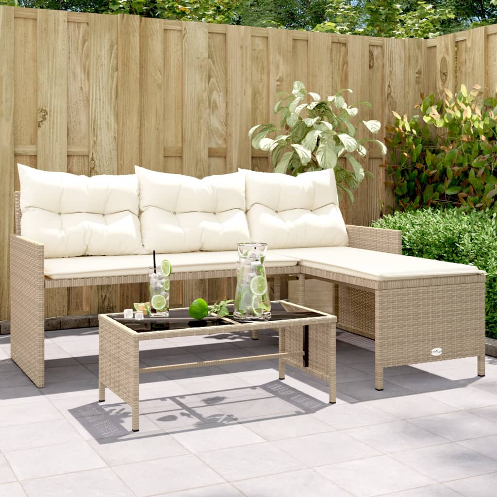 JUNG Vida Gartensofa in L-Form mit Tisch und Kissen Beige Poly Rattan
