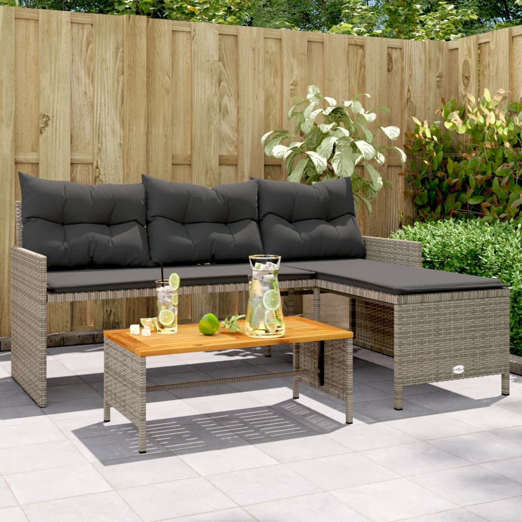 JUNG Vida Gartensofa in L-Form mit Tisch und Kissen Grau Poly Rattan