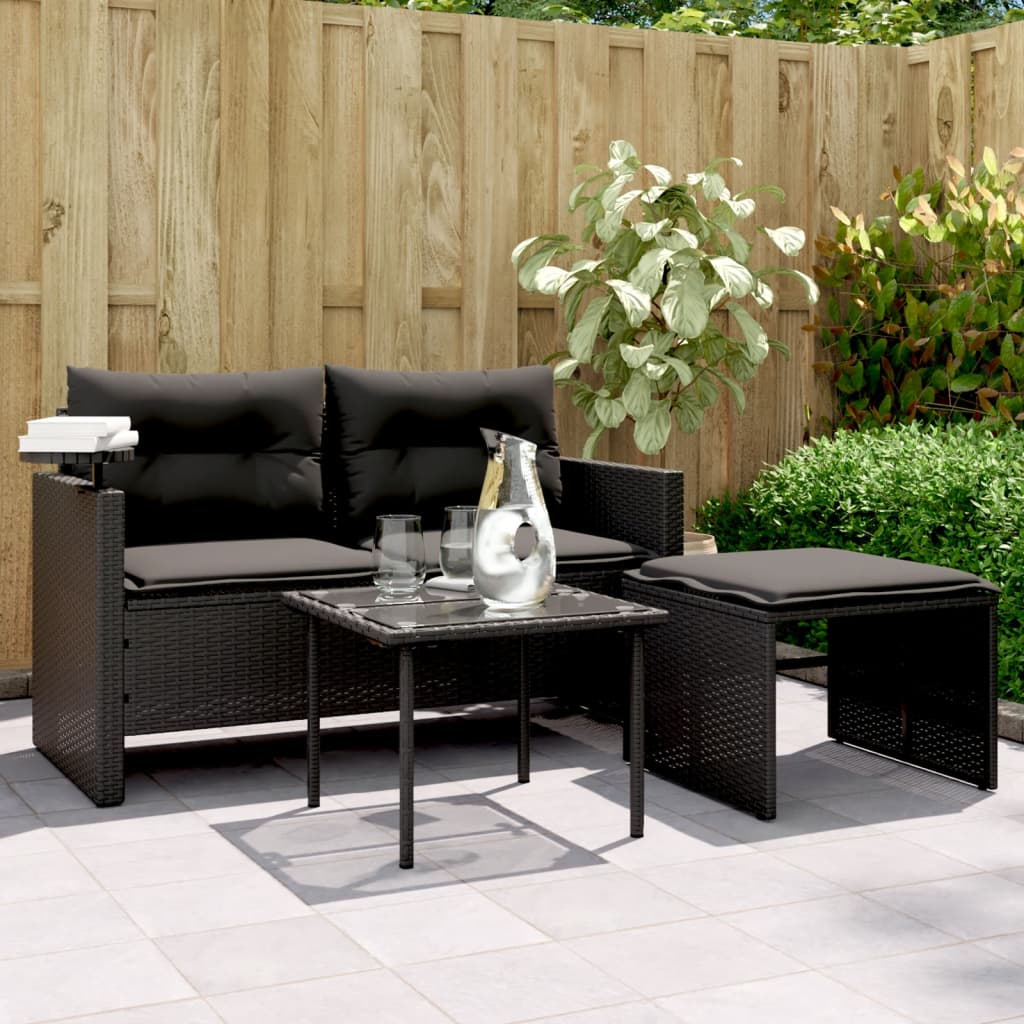 JUNG Vida 3-tlg. Garten-Sofagarnitur mit Kissen Schwarz Poly Rattan