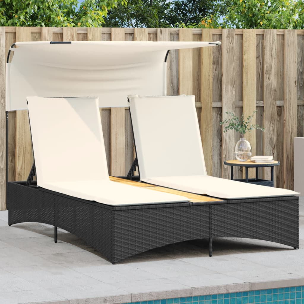 JUNG Vida Doppel-Sonnenliege mit Dach und Auflagen Schwarz Poly Rattan