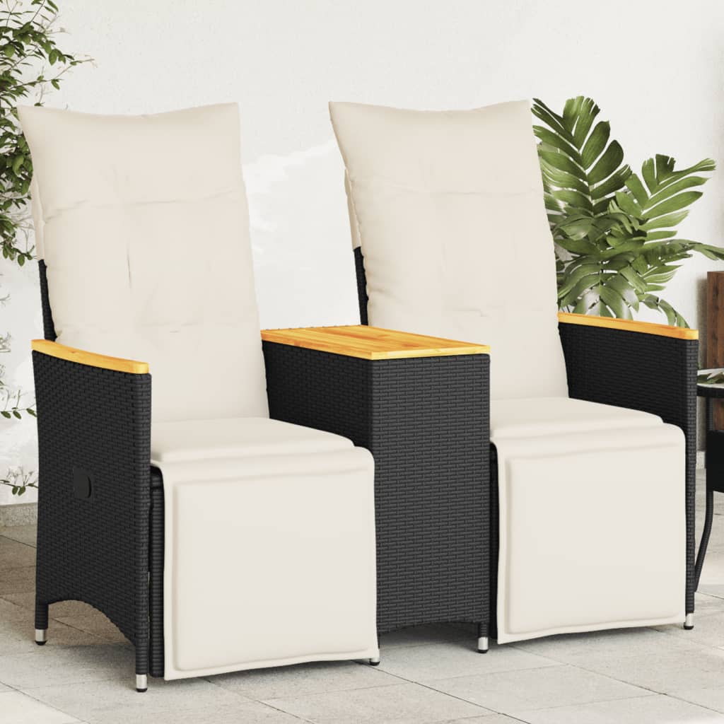 JUNG Vida Gartensofa 2-Sitzer Verstellbar mit Tisch Schwarz Poly Rattan