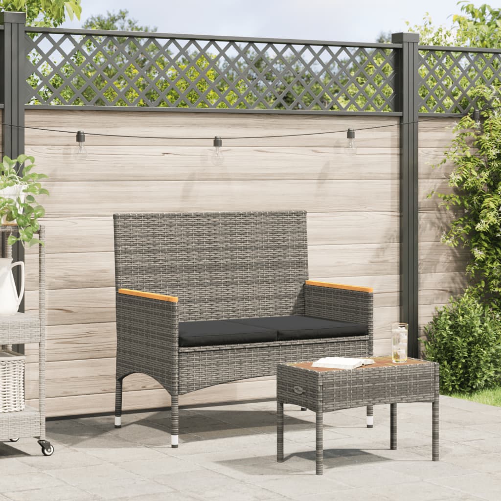 JUNG Vida Gartenbank 2-Sitzer mit Kissen und Tisch Grau Poly Rattan