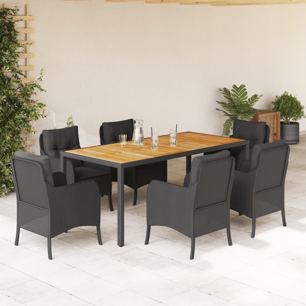 JUNG Vida 7-tlg. Garten-Essgruppe mit Kissen Schwarz Poly Rattan