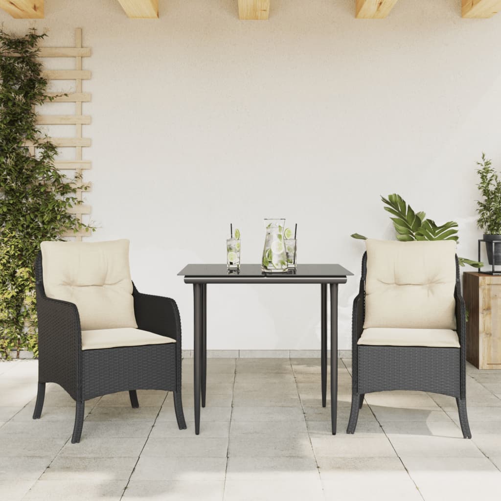 JUNG Vida 3-tlg. Garten-Essgruppe mit Kissen Schwarz Poly Rattan