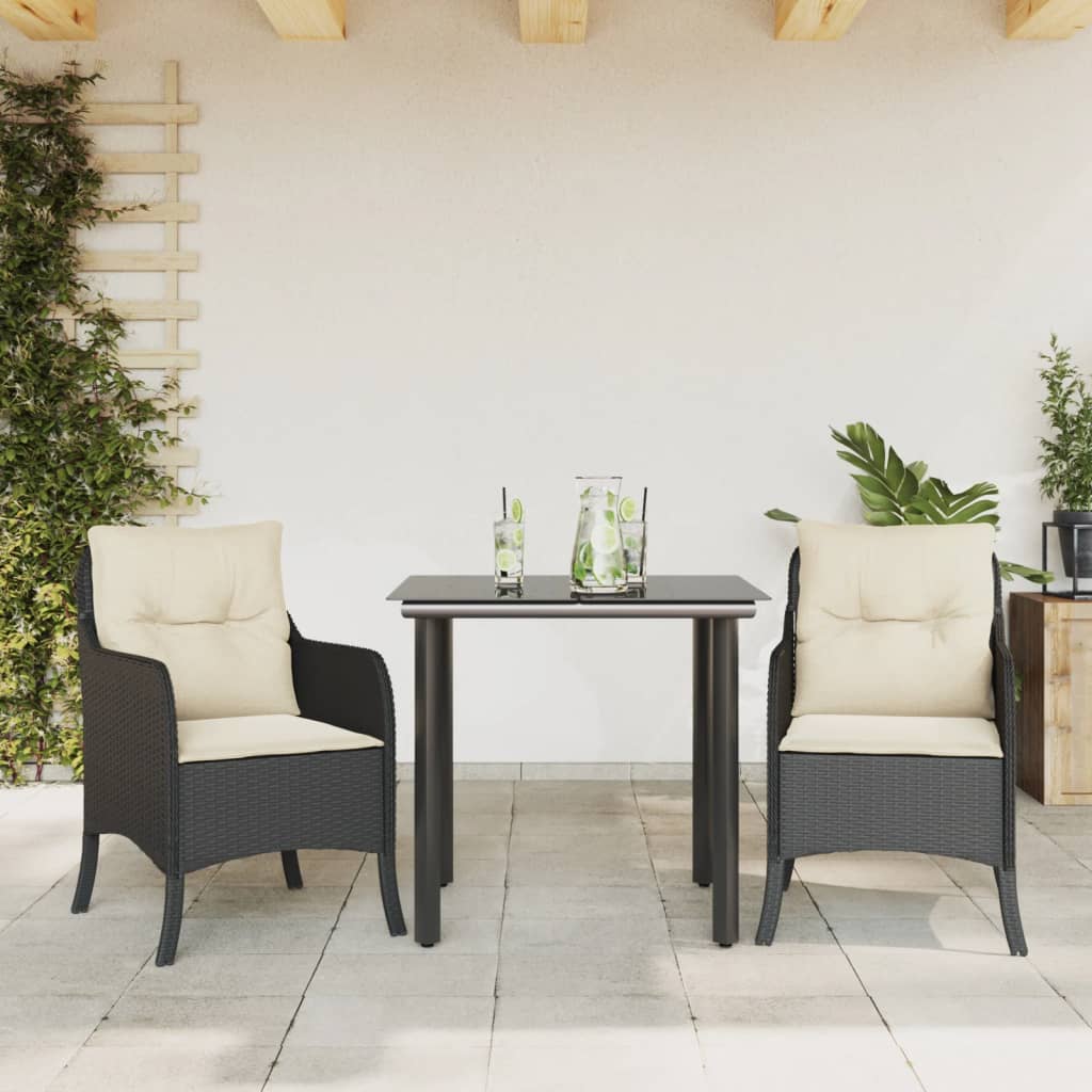 JUNG Vida 3-tlg. Garten-Essgruppe mit Kissen Schwarz Poly Rattan