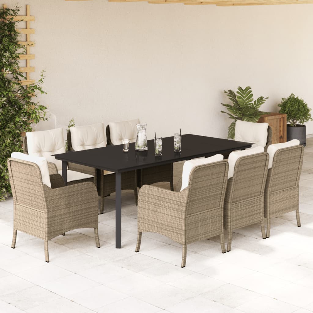 JUNG Vida 9-tlg. Garten-Essgruppe mit Kissen Beige Poly Rattan