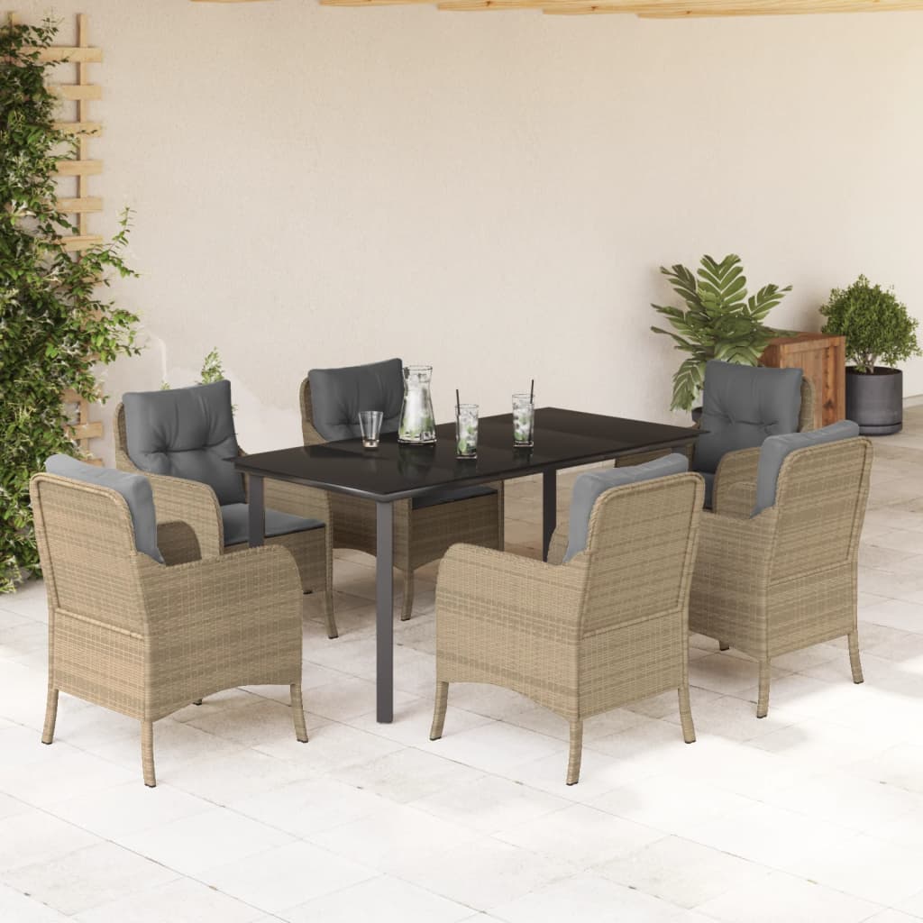 JUNG Vida 7-tlg. Garten-Essgruppe mit Kissen Beige Poly Rattan