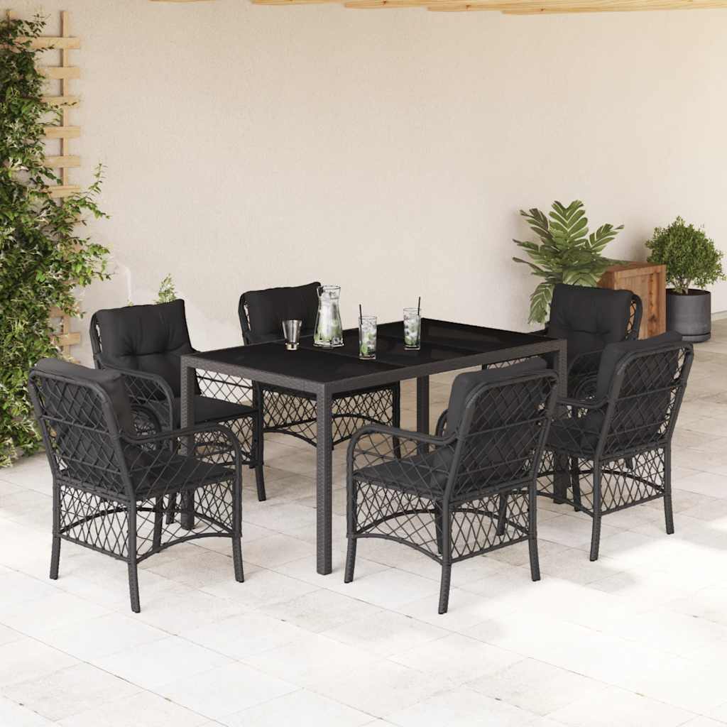 JUNG Vida 7-tlg. Garten-Essgruppe mit Kissen Schwarz Poly Rattan