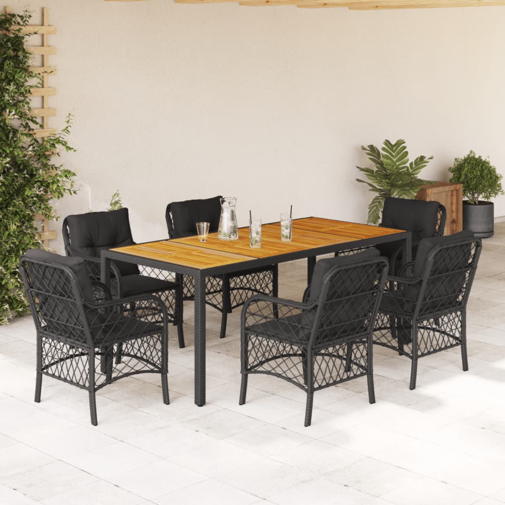 JUNG Vida 7-tlg. Garten-Essgruppe mit Kissen Schwarz Poly Rattan