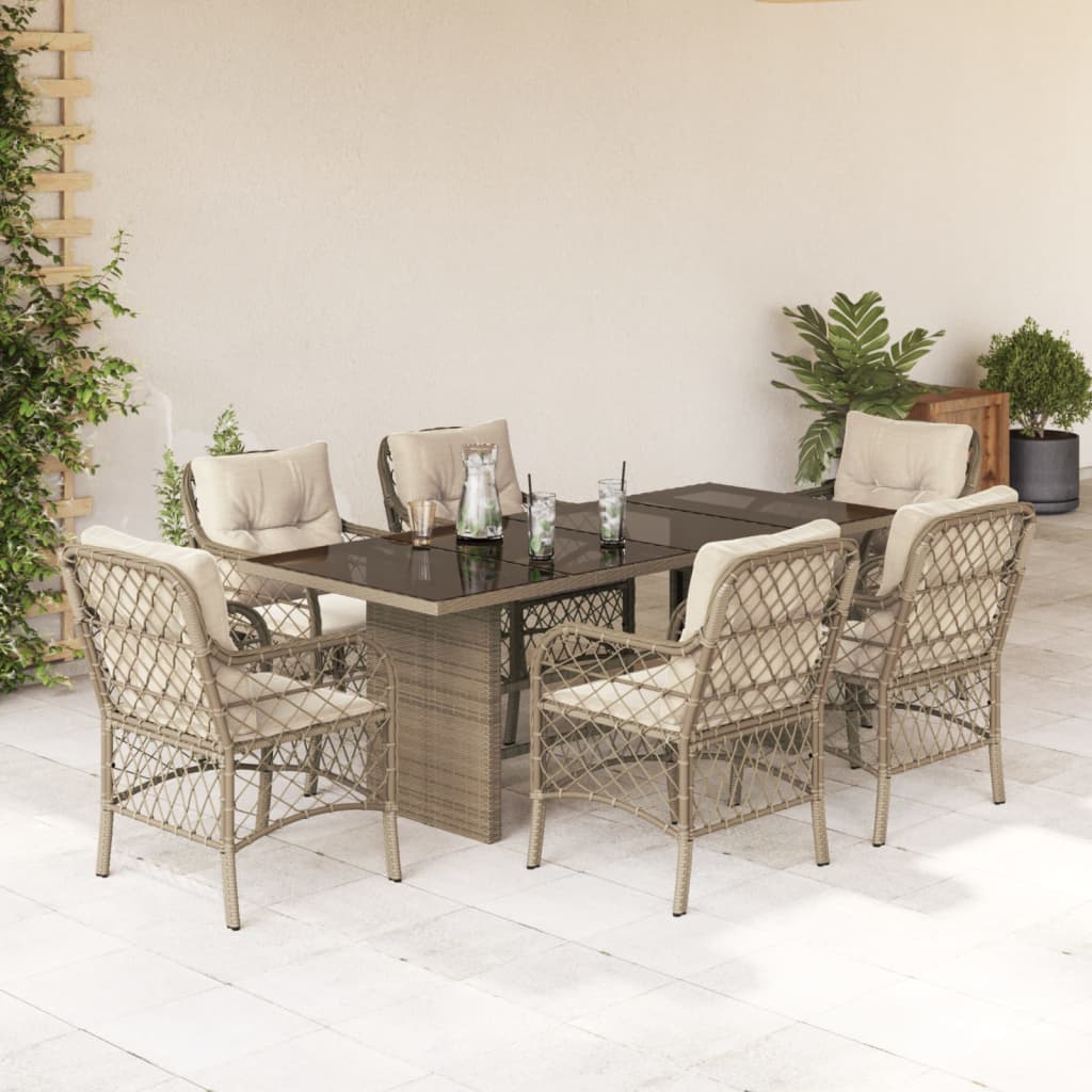 JUNG Vida 7-tlg. Garten-Essgruppe mit Kissen Beige Poly Rattan