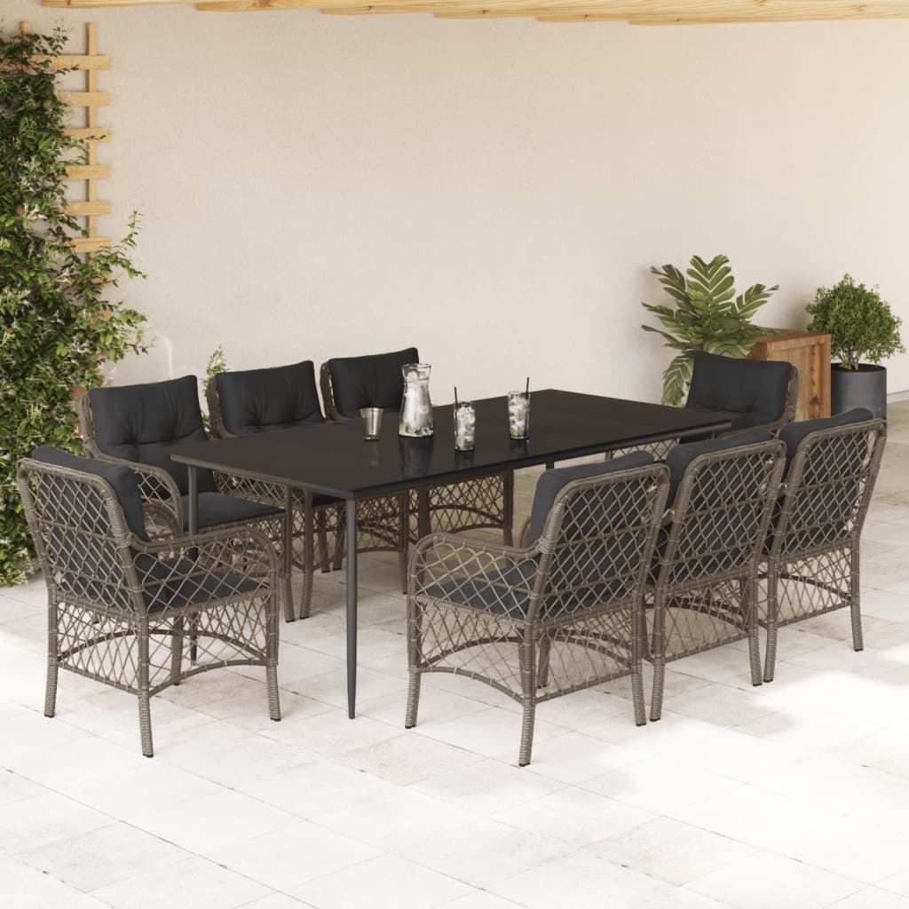 JUNG Vida 9-tlg. Garten-Essgruppe mit Kissen Grau Poly Rattan