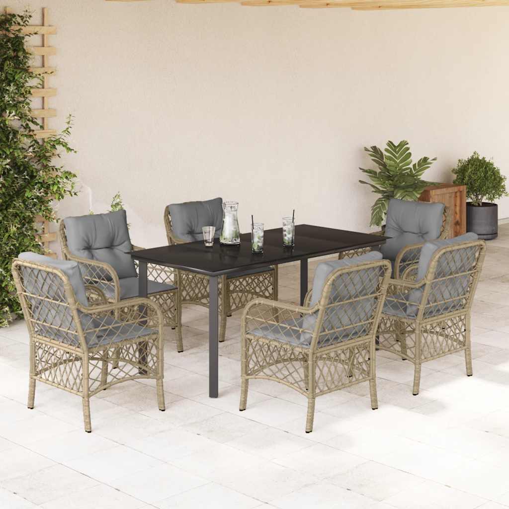 JUNG Vida 7-tlg. Garten-Essgruppe mit Kissen Beigemischung Poly Rattan