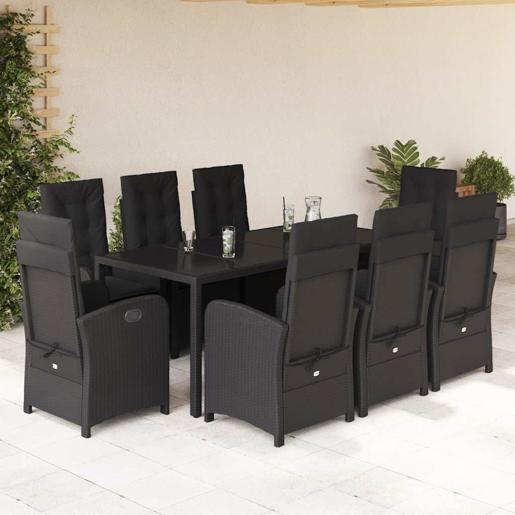 JUNG Vida 9-tlg. Garten-Essgruppe mit Kissen Schwarz Poly Rattan