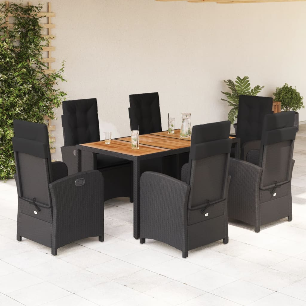 JUNG Vida 7-tlg. Garten-Essgruppe mit Kissen Schwarz Poly Rattan
