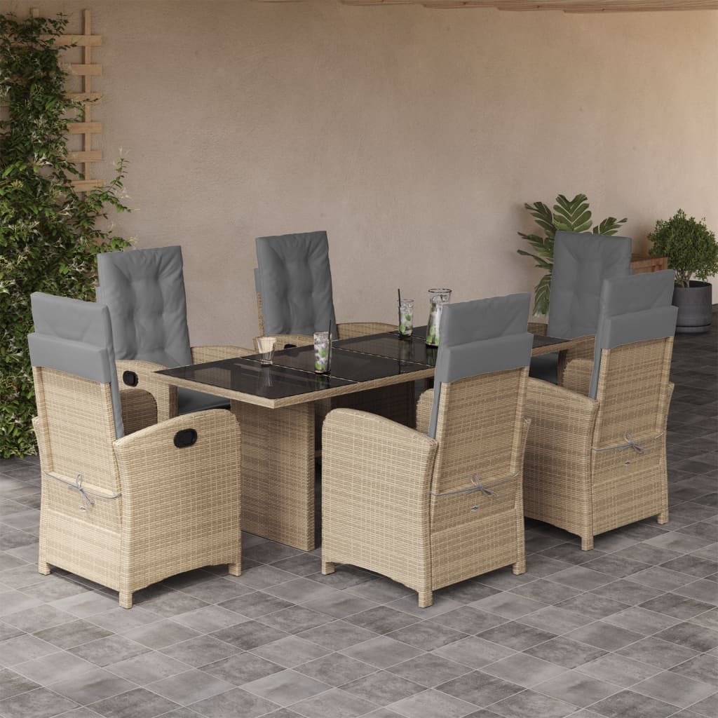 JUNG Vida 7-tlg. Garten-Essgruppe mit Kissen Beigemischung Poly Rattan