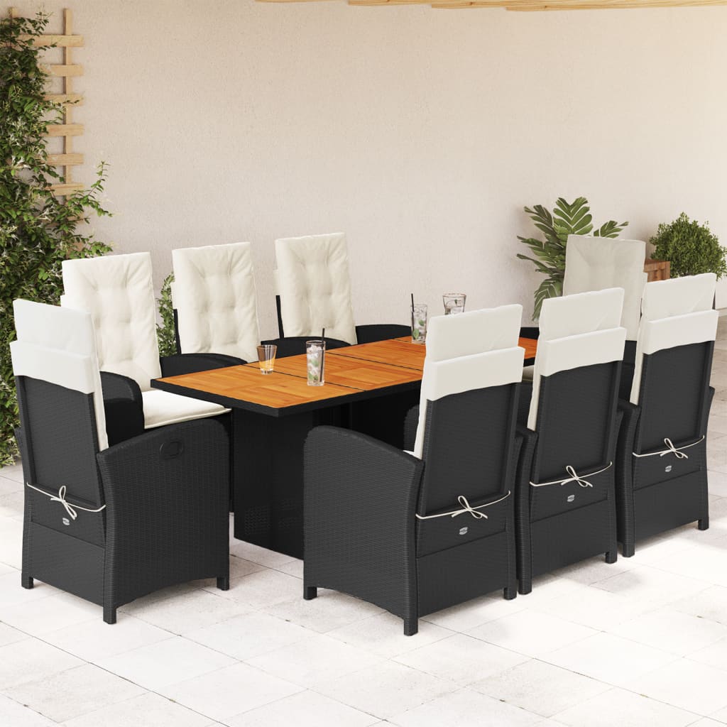 JUNG Vida 9-tlg. Garten-Essgruppe mit Kissen Schwarz Poly Rattan