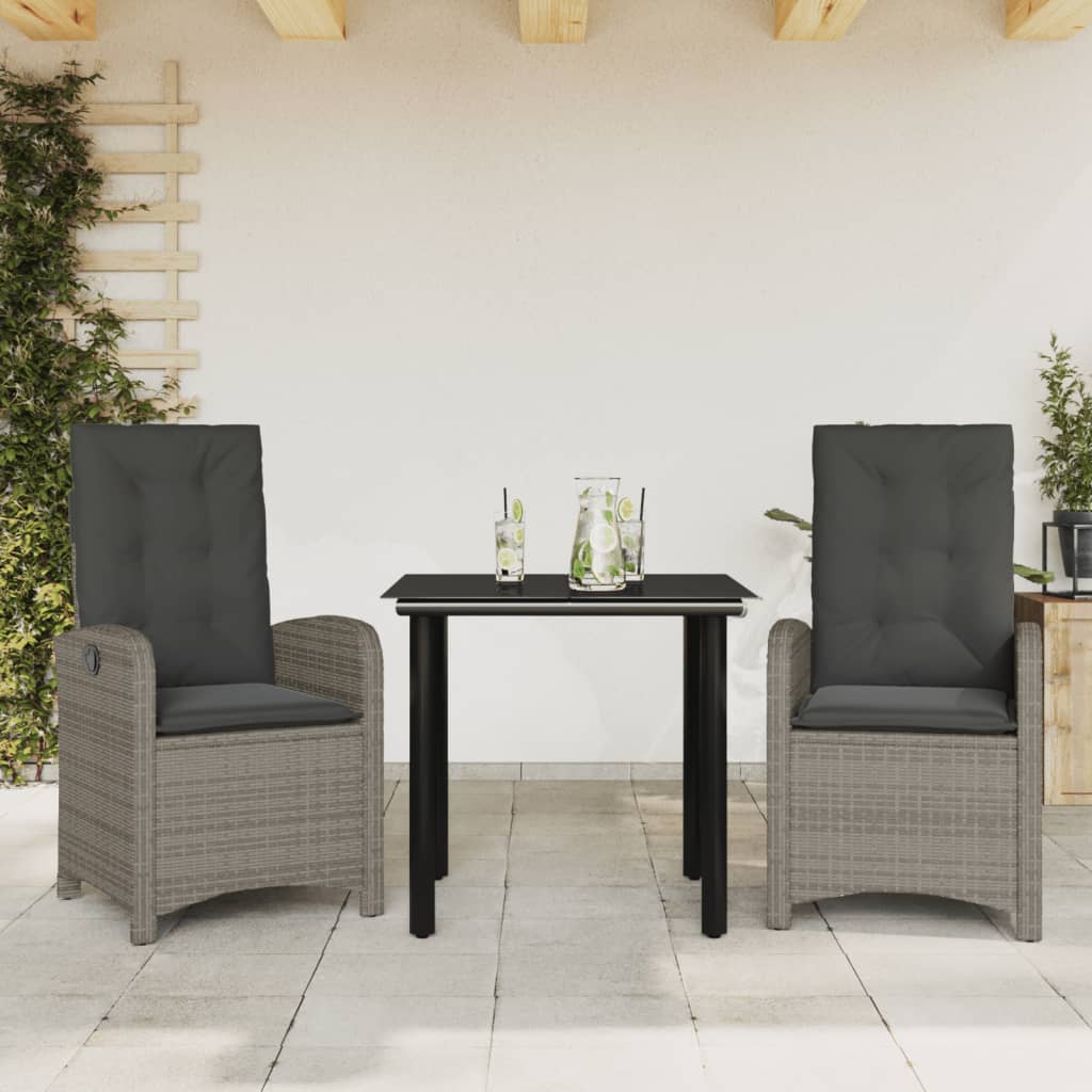JUNG Vida 3-tlg. Garten-Essgruppe mit Kissen Grau Poly Rattan