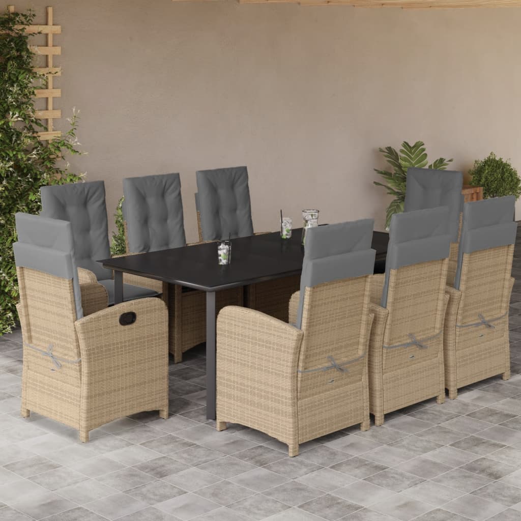 JUNG Vida 9-tlg. Garten-Essgruppe mit Kissen Beigemischung Poly Rattan