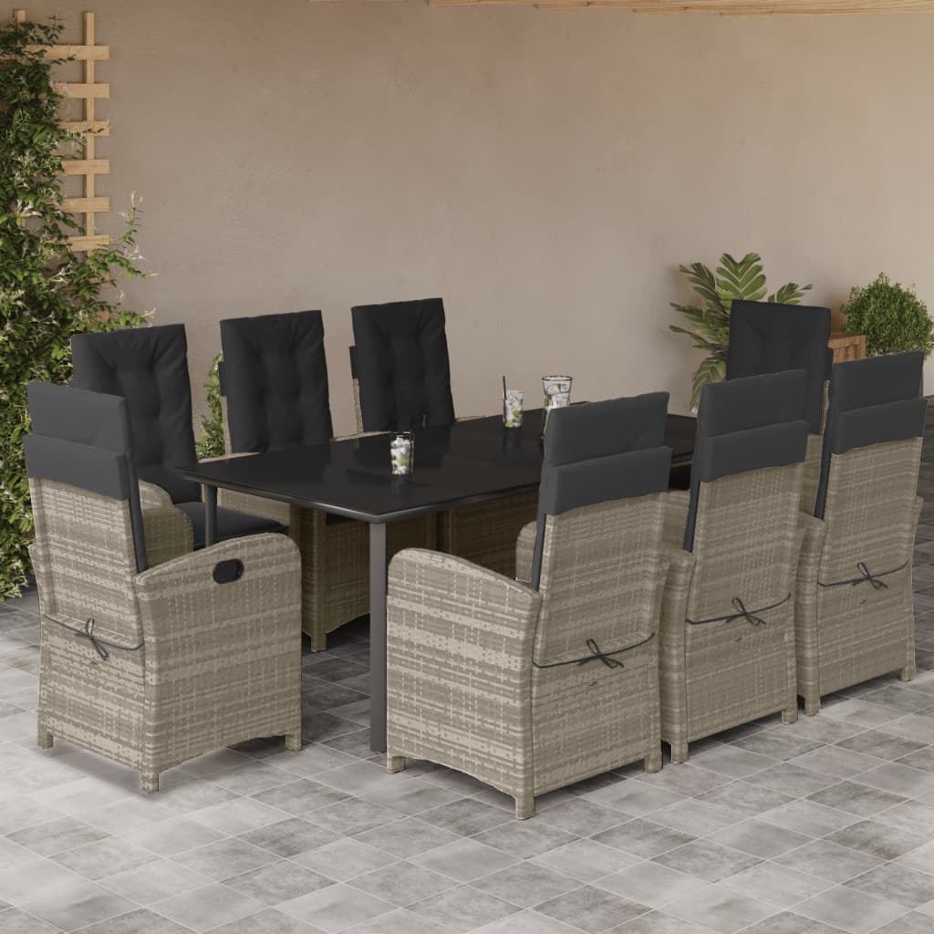 JUNG Vida 9-tlg. Garten-Essgruppe mit Kissen Hellgrau Poly Rattan