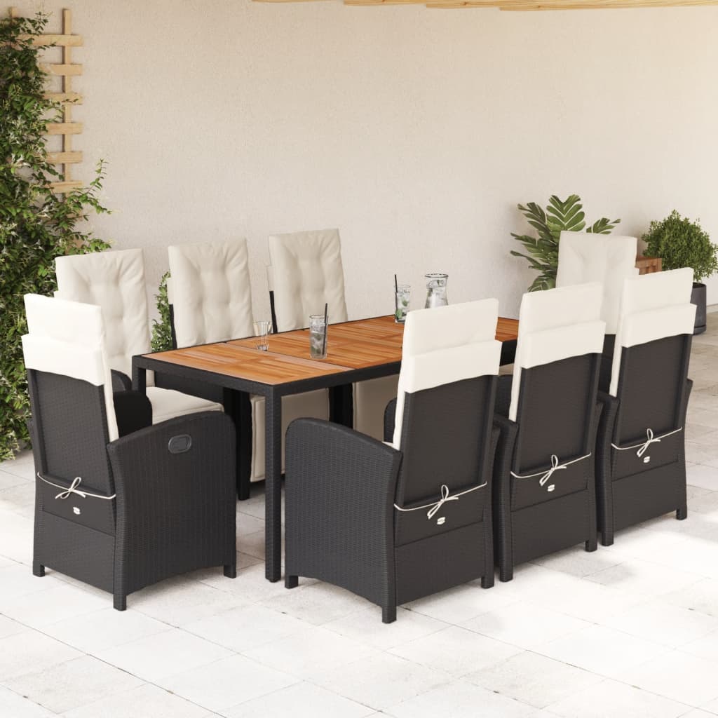 JUNG Vida 9-tlg. Garten-Essgruppe mit Kissen Schwarz Poly Rattan