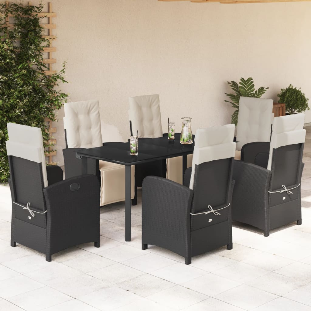 JUNG Vida 7-tlg. Garten-Essgruppe mit Kissen Schwarz Poly Rattan