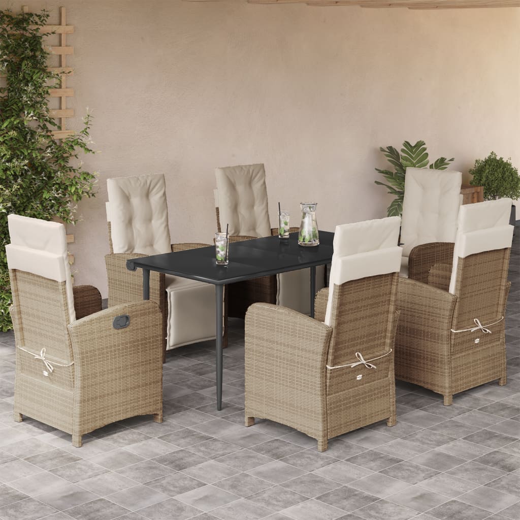 JUNG Vida 7-tlg. Garten-Essgruppe mit Kissen Beige Poly Rattan