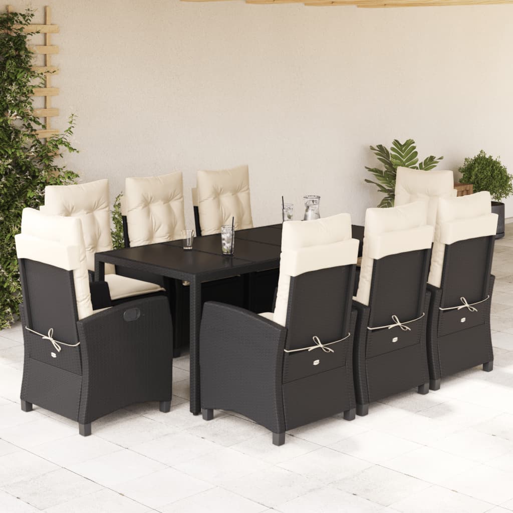 JUNG Vida 9-tlg. Garten-Essgruppe mit Kissen Schwarz Poly Rattan