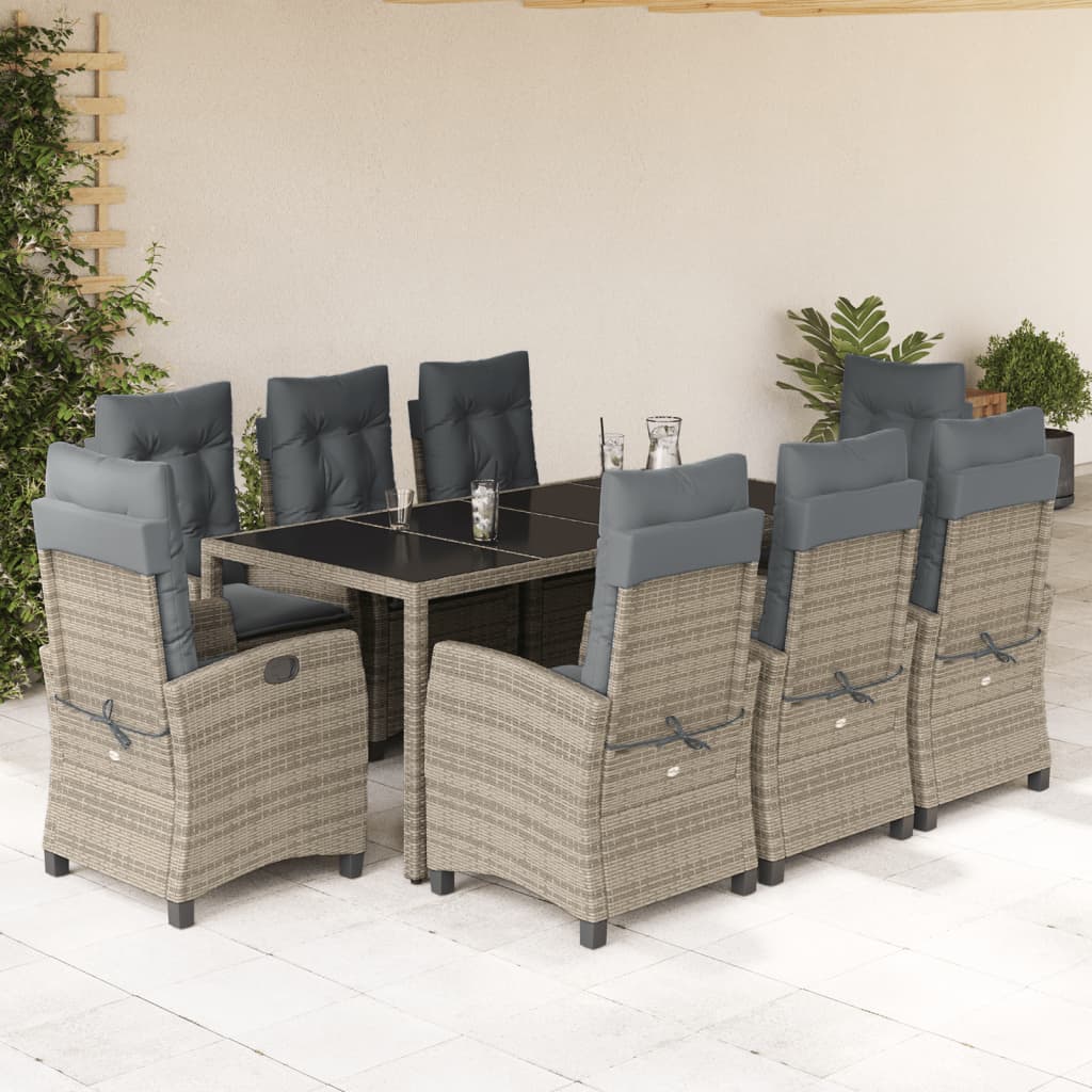 JUNG Vida 9-tlg. Garten-Essgruppe mit Kissen Grau Poly Rattan