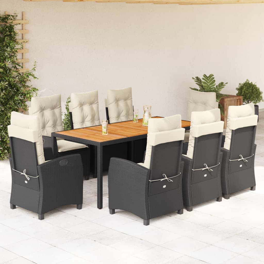JUNG Vida 9-tlg. Garten-Essgruppe mit Kissen Schwarz Poly Rattan