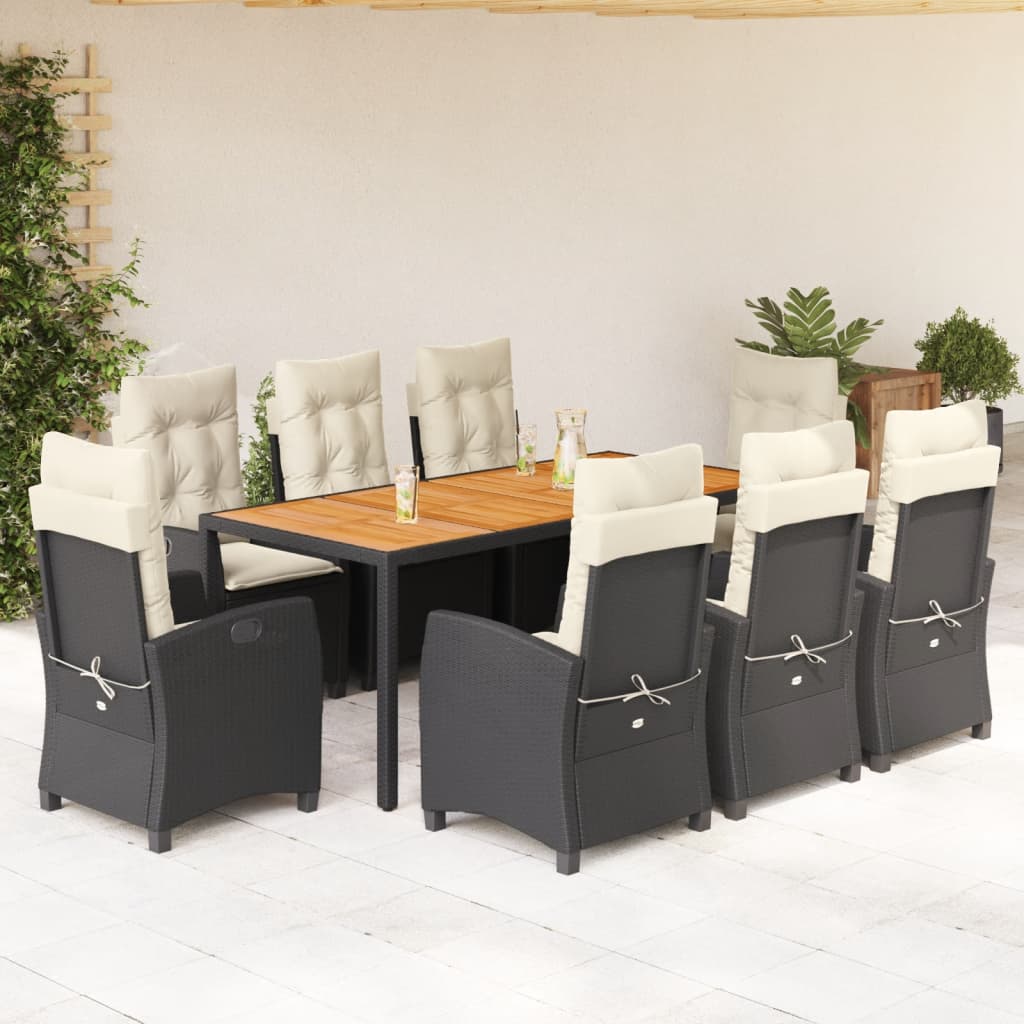 JUNG Vida 9-tlg. Garten-Essgruppe mit Kissen Schwarz Poly Rattan