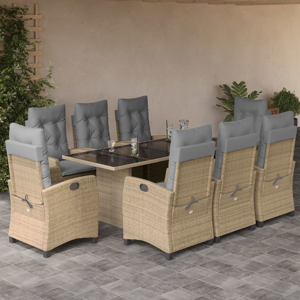 JUNG Vida 9-tlg. Garten-Essgruppe mit Kissen Beigemischung Poly Rattan