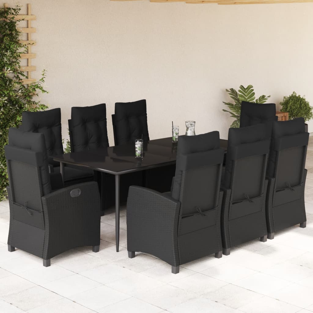JUNG Vida 9-tlg. Garten-Essgruppe mit Kissen Schwarz Poly Rattan